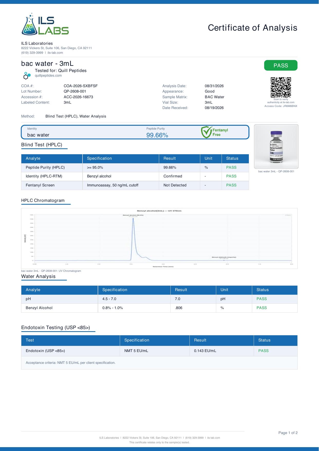 Certificate of analysis for lot QP-2608-001