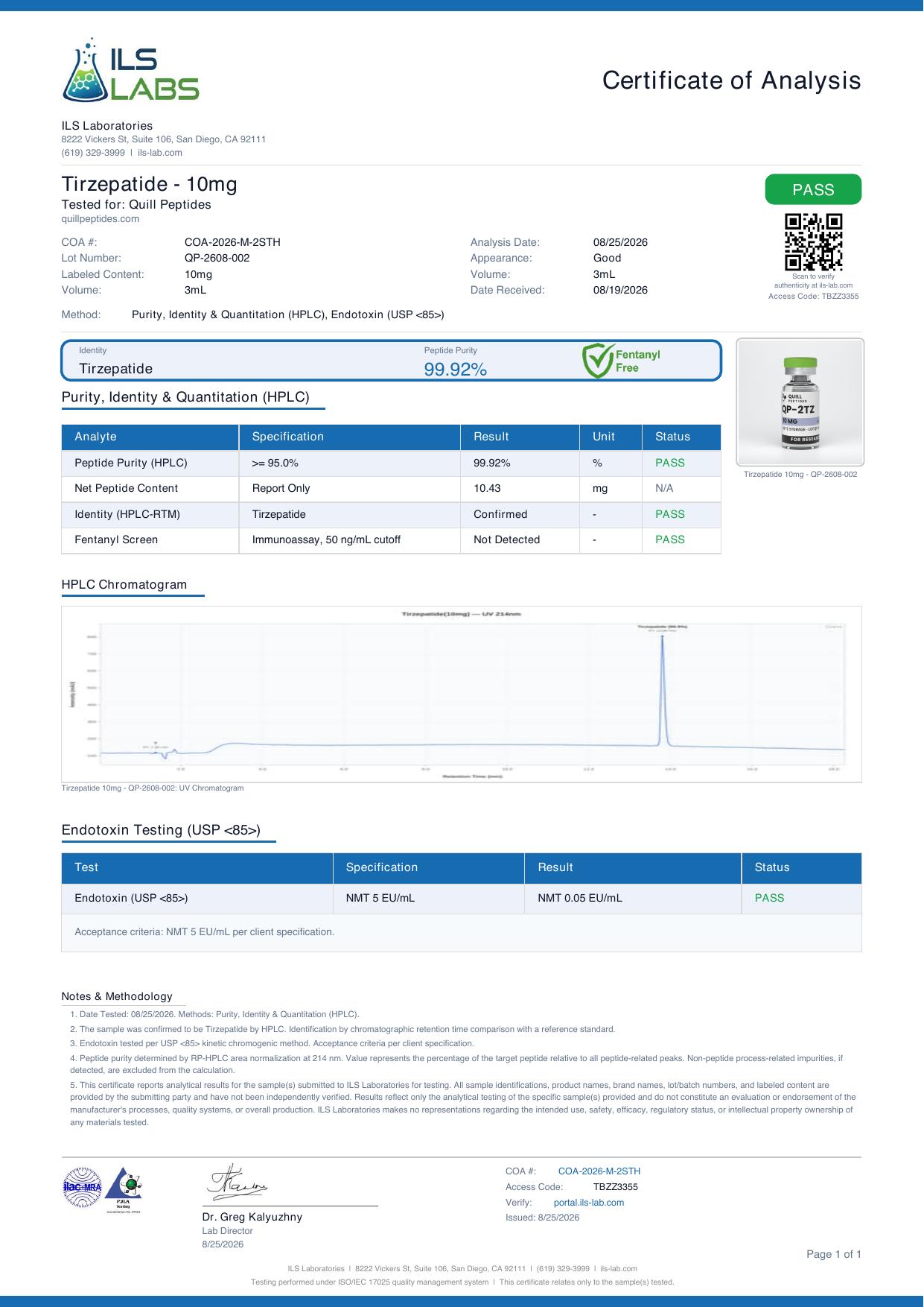 Certificate of analysis for lot QP-2608-002