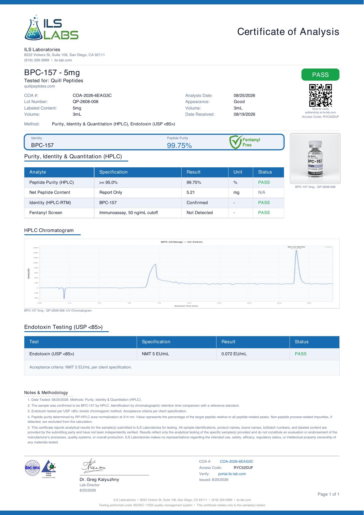 Certificate of analysis for lot QP-2608-008