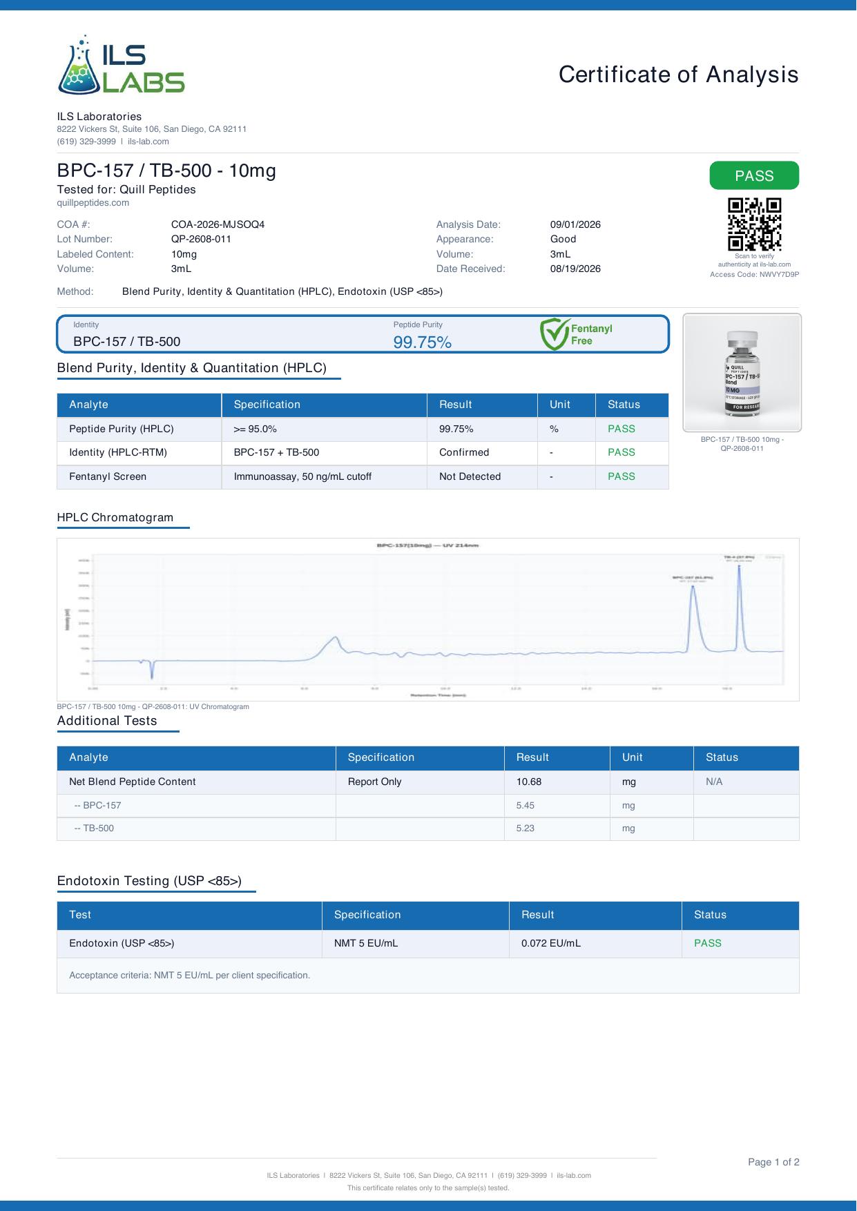 Certificate of analysis for lot QP-2608-011