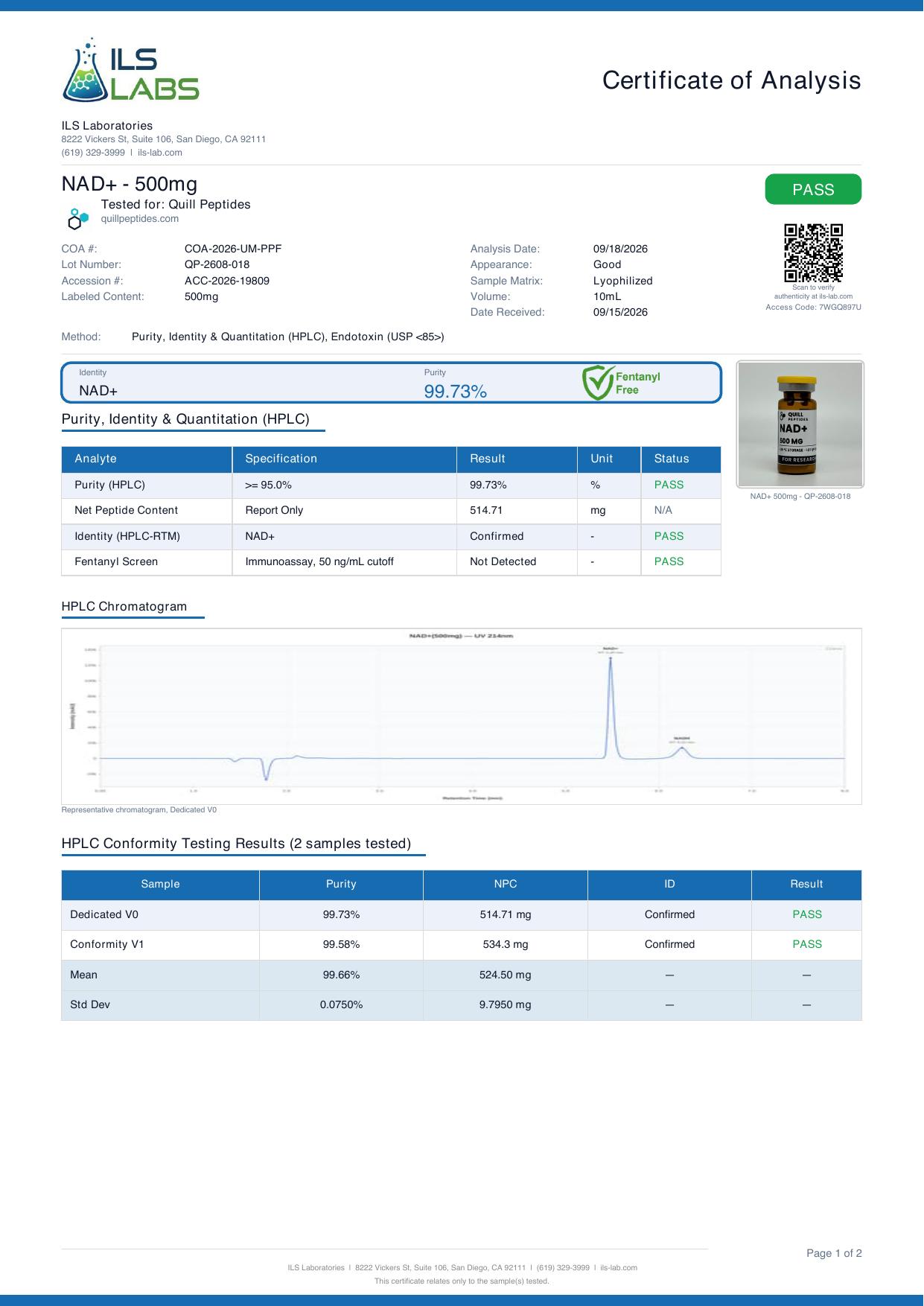Certificate of analysis for lot QP-2608-018