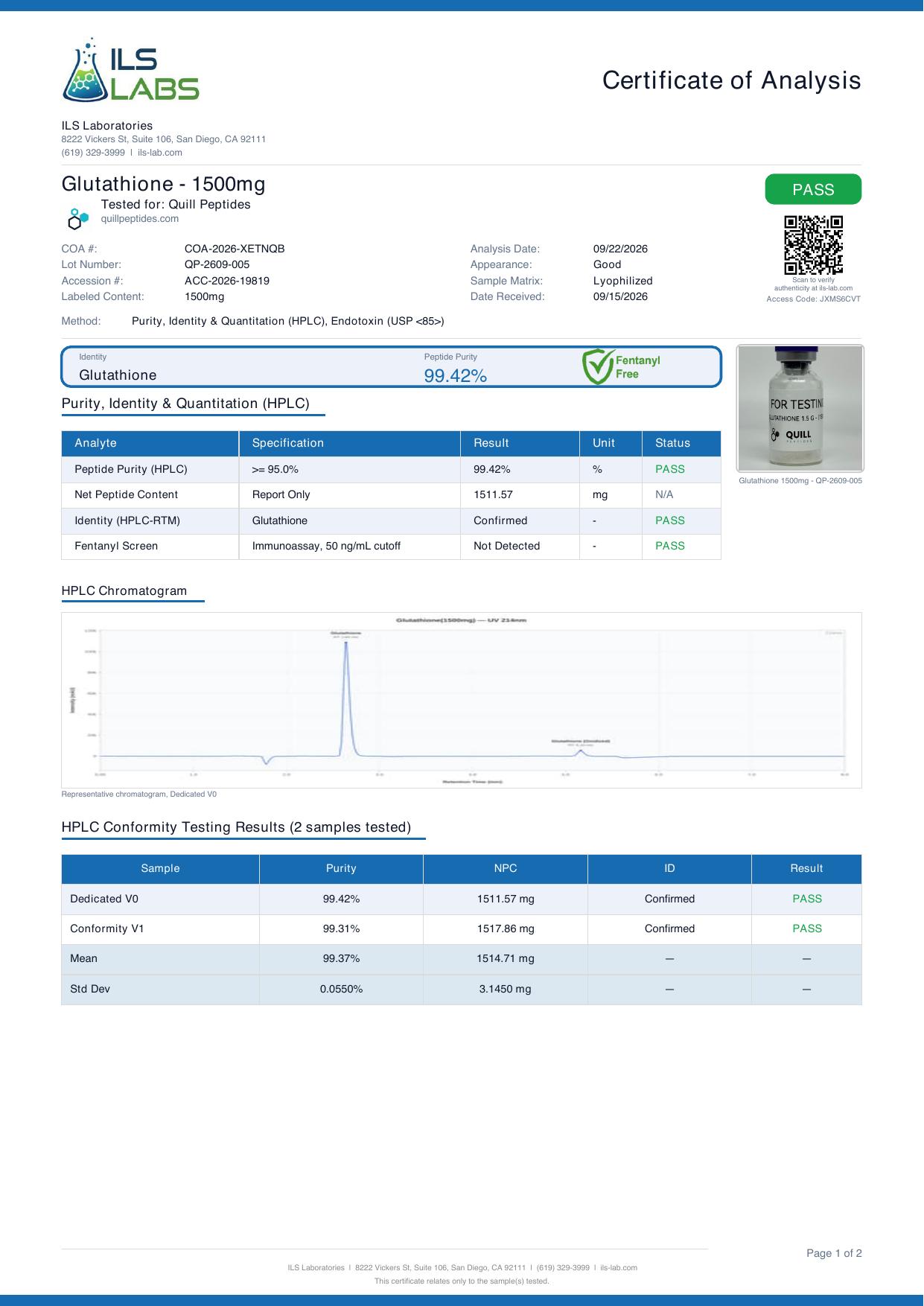 Certificate of analysis for lot QP-2609-005