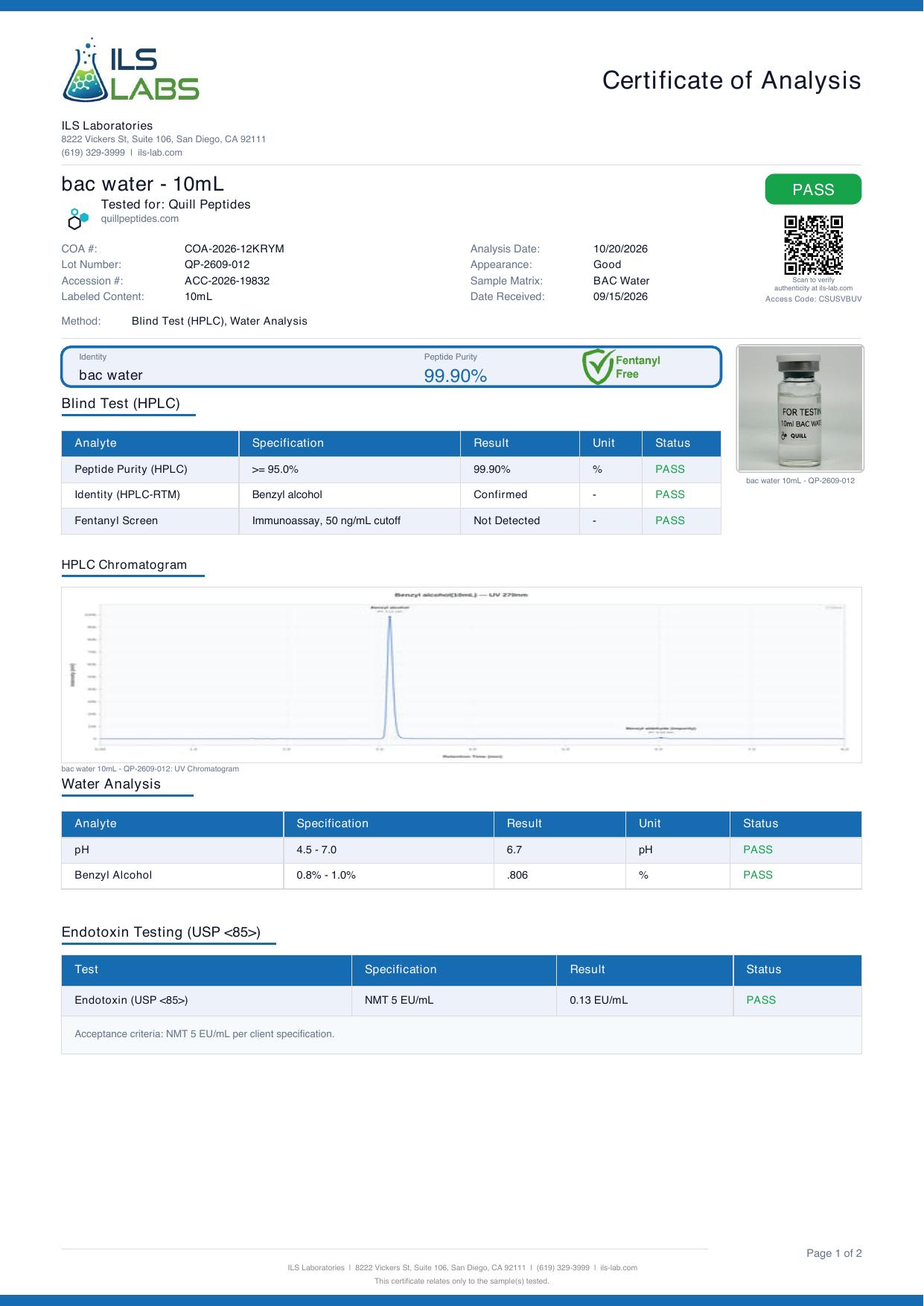 Certificate of analysis for lot QP-2609-012